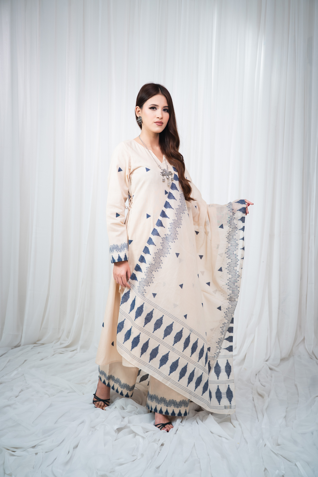 ETA Ahum Premium Cotton Cream Navy Kurta Set