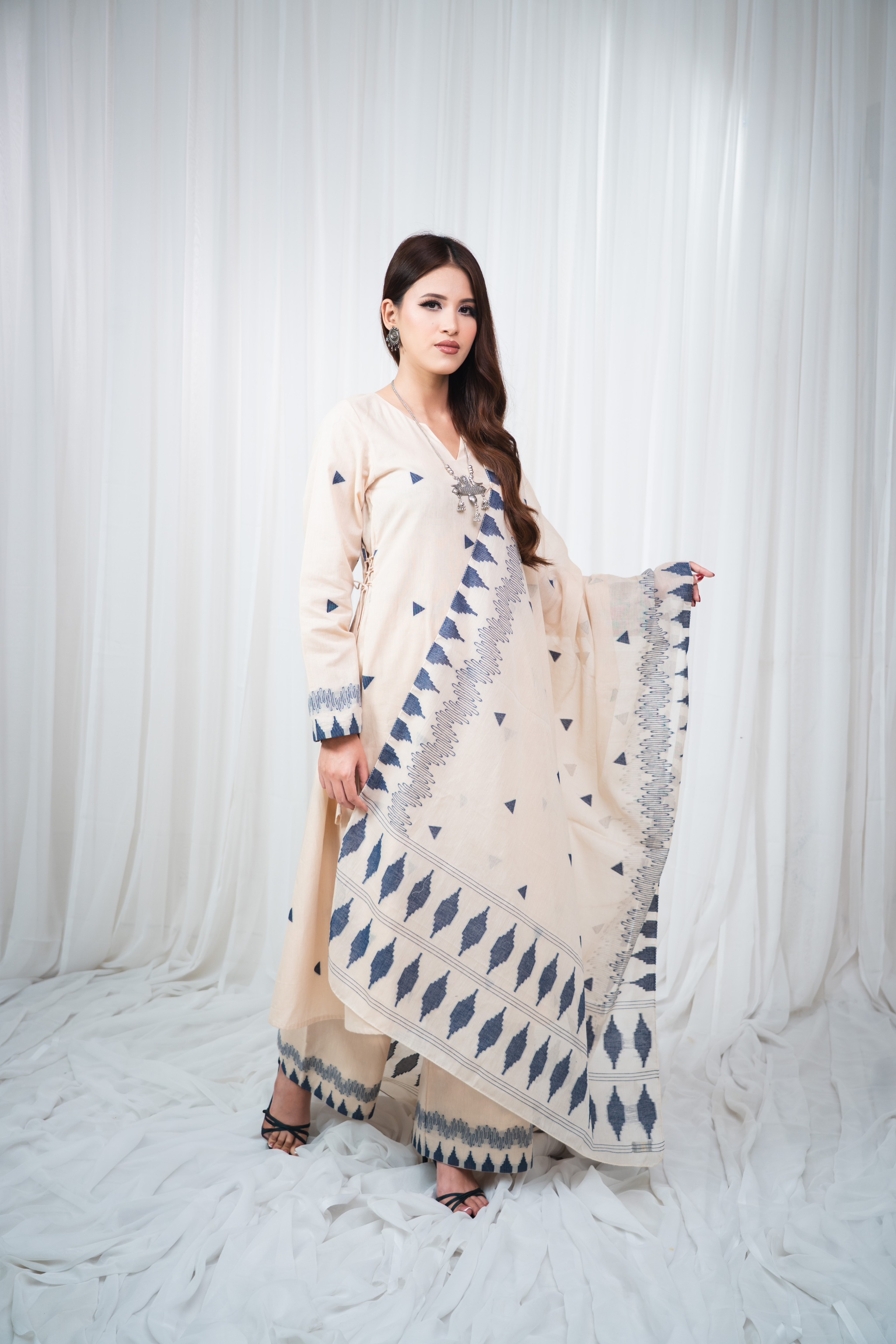 ETA Ahum Premium Cotton Cream Navy Kurta Set