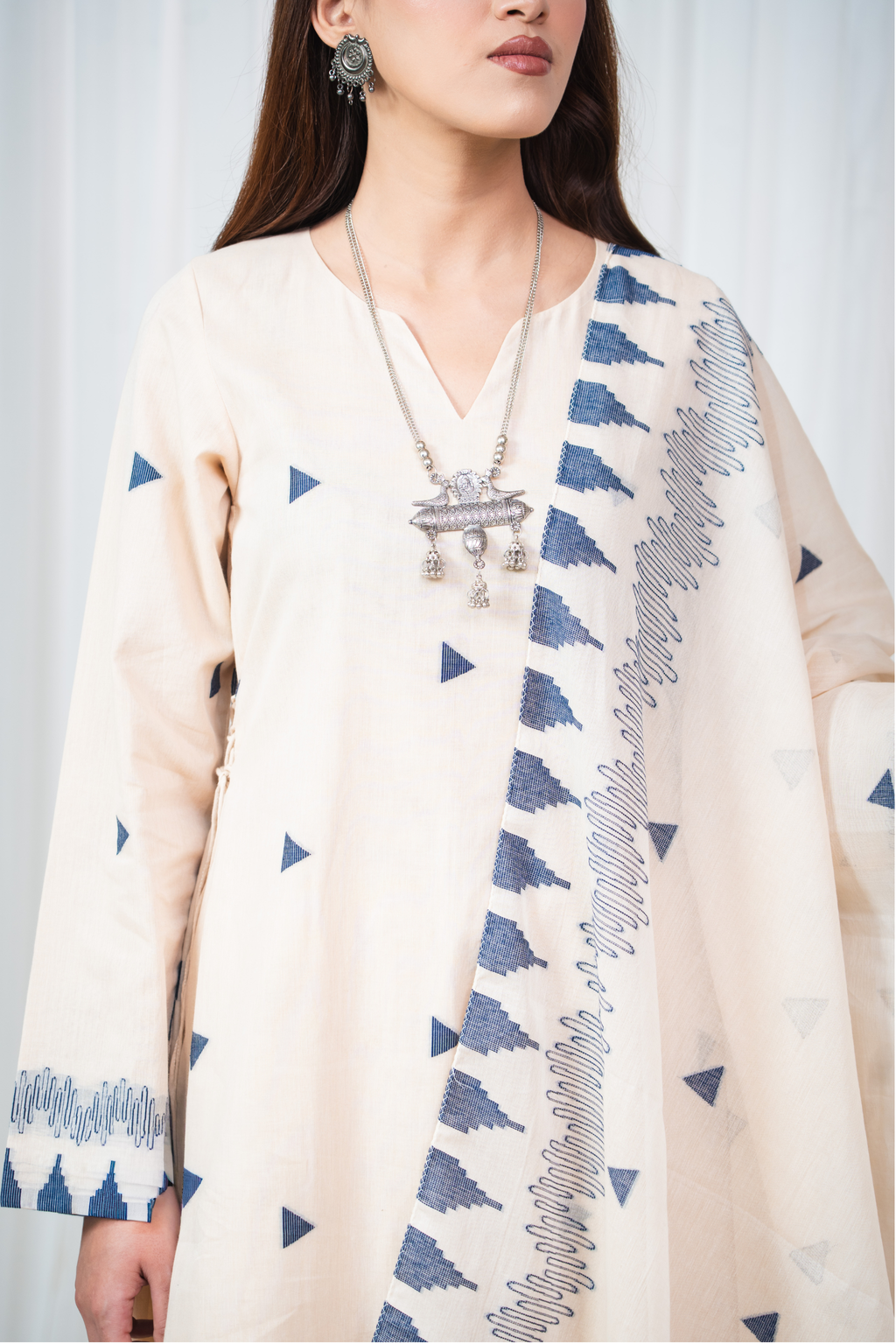 ETA Ahum Premium Cotton Cream Navy Kurta Set