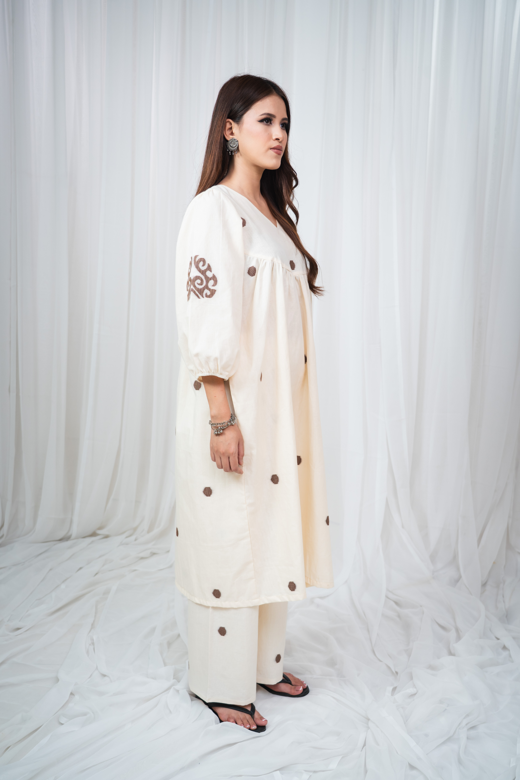 ETA Ebema Premium Cotton Cream & Coffee Kurta Set