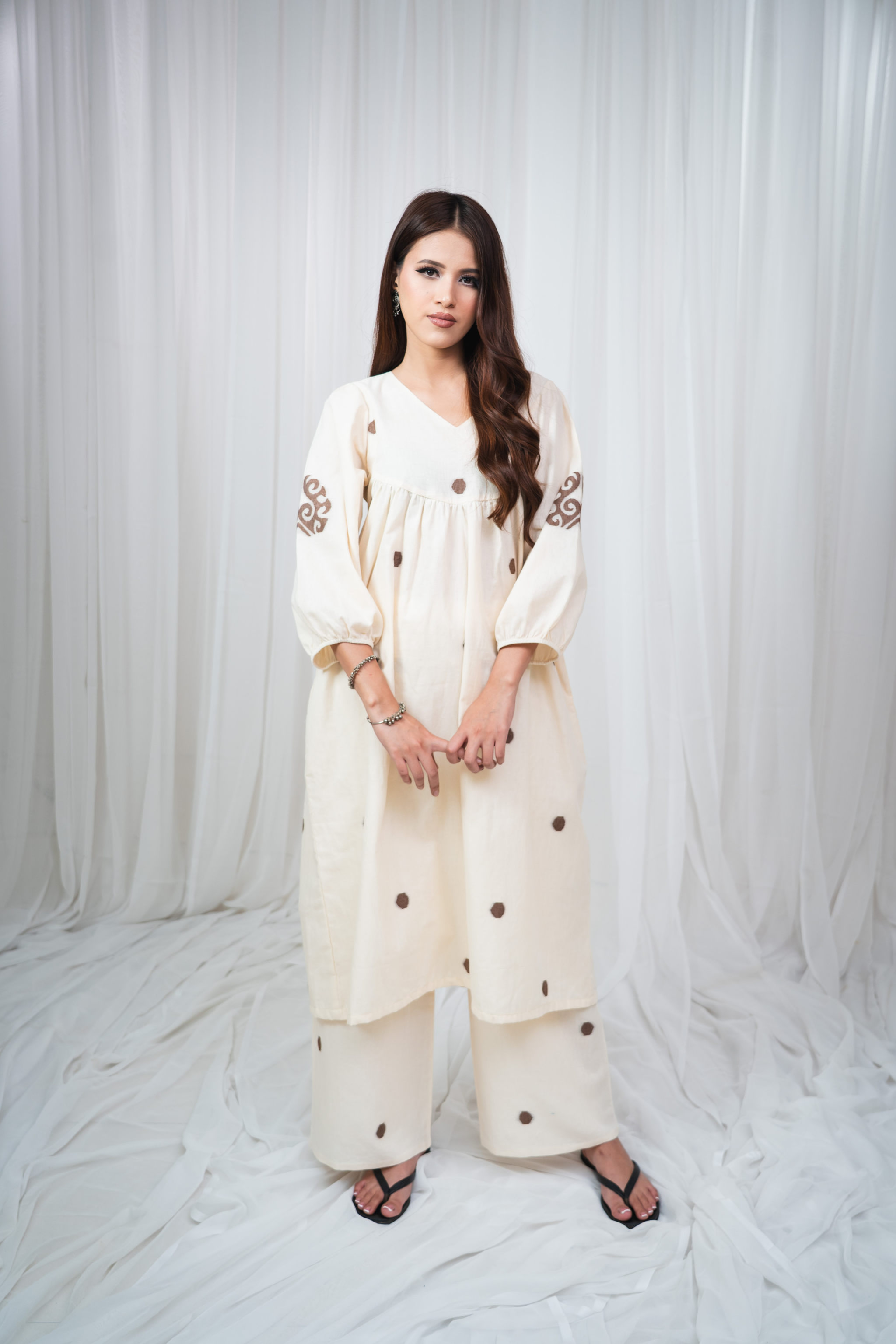 ETA Ebema Premium Cotton Cream & Coffee Kurta Set