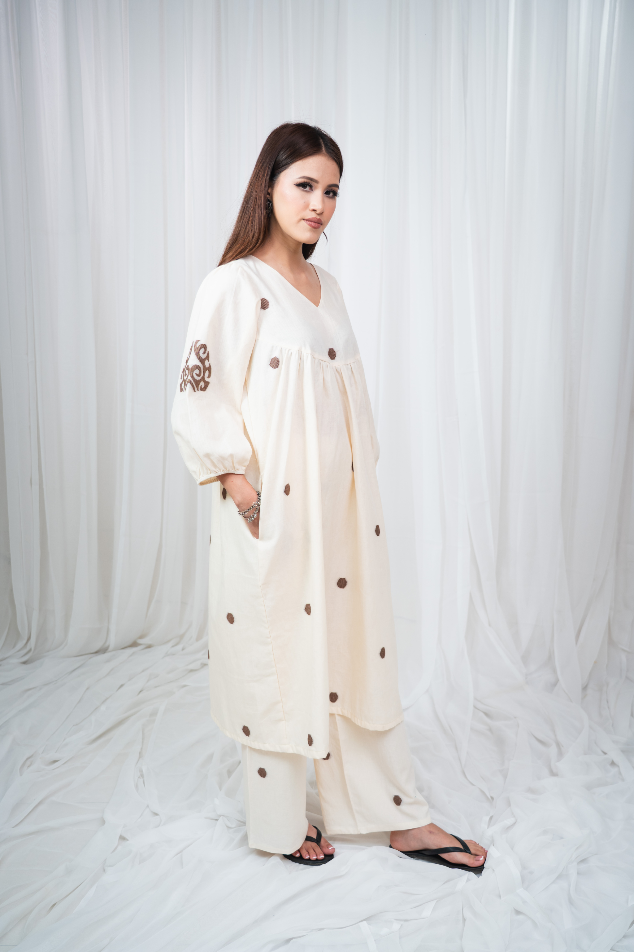 ETA Ebema Premium Cotton Cream & Coffee Kurta Set