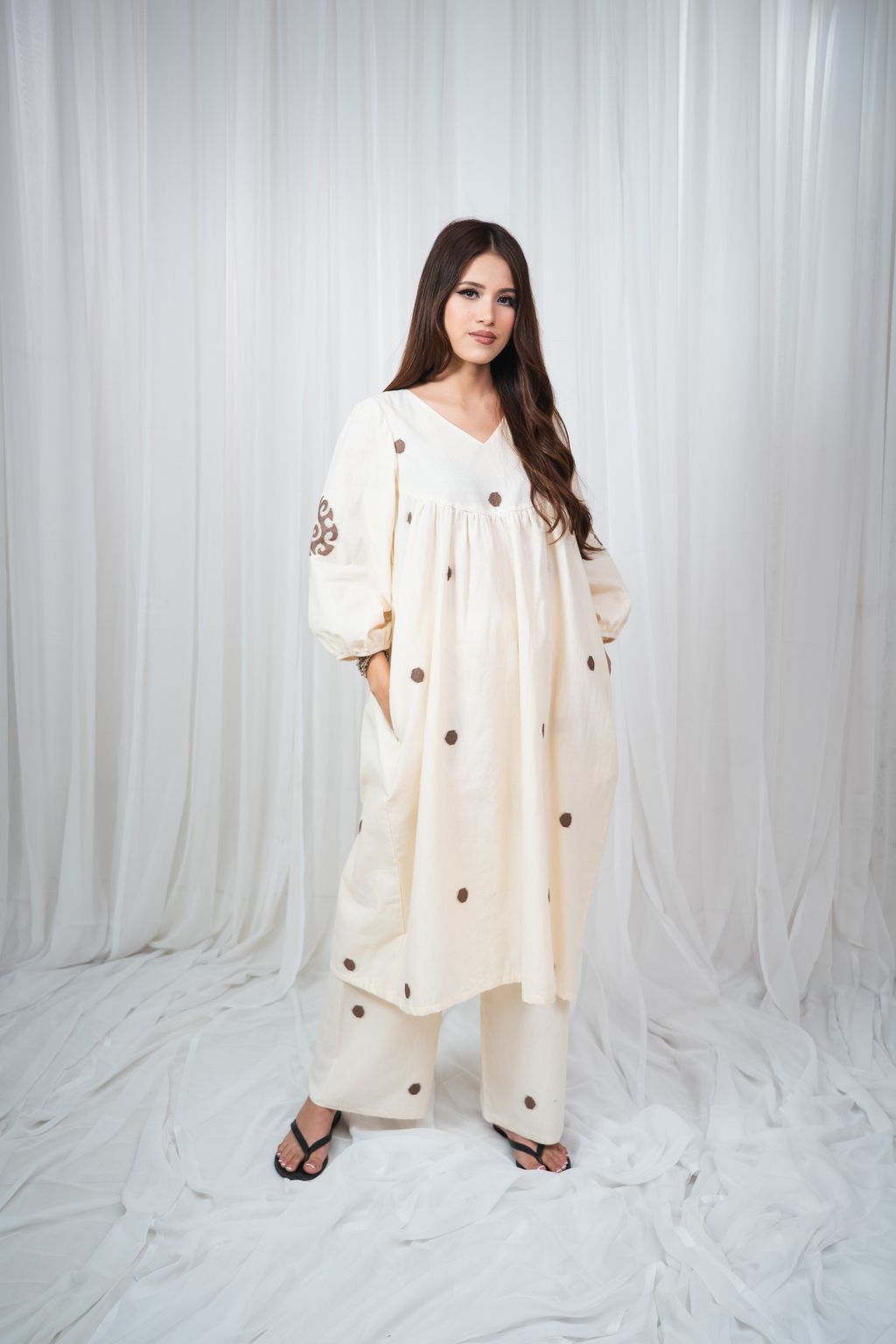 ETA Ebema Premium Cotton Cream & Coffee Kurta Set