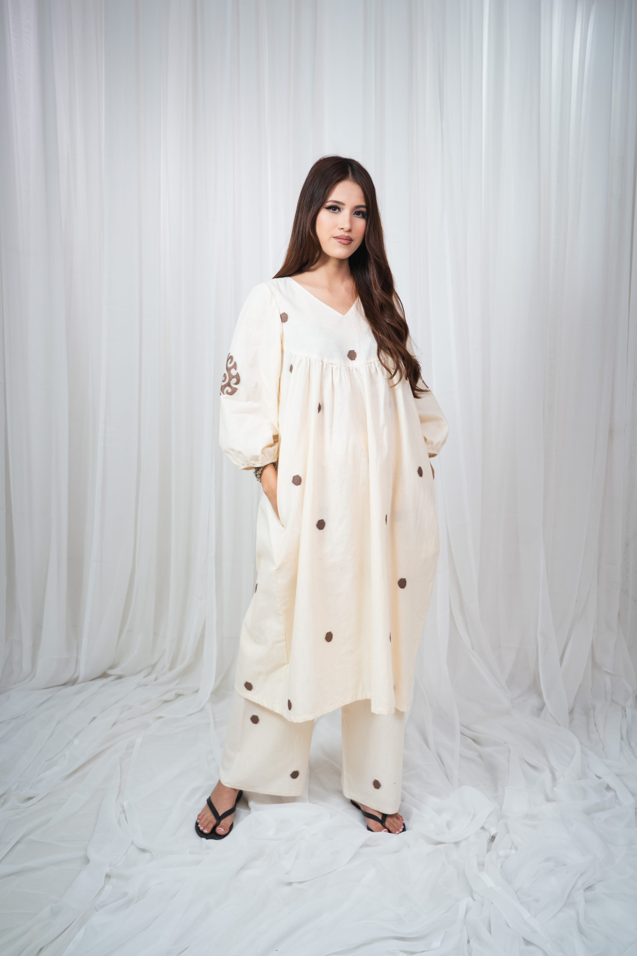 ETA Ebema Premium Cotton Cream & Coffee Kurta Set