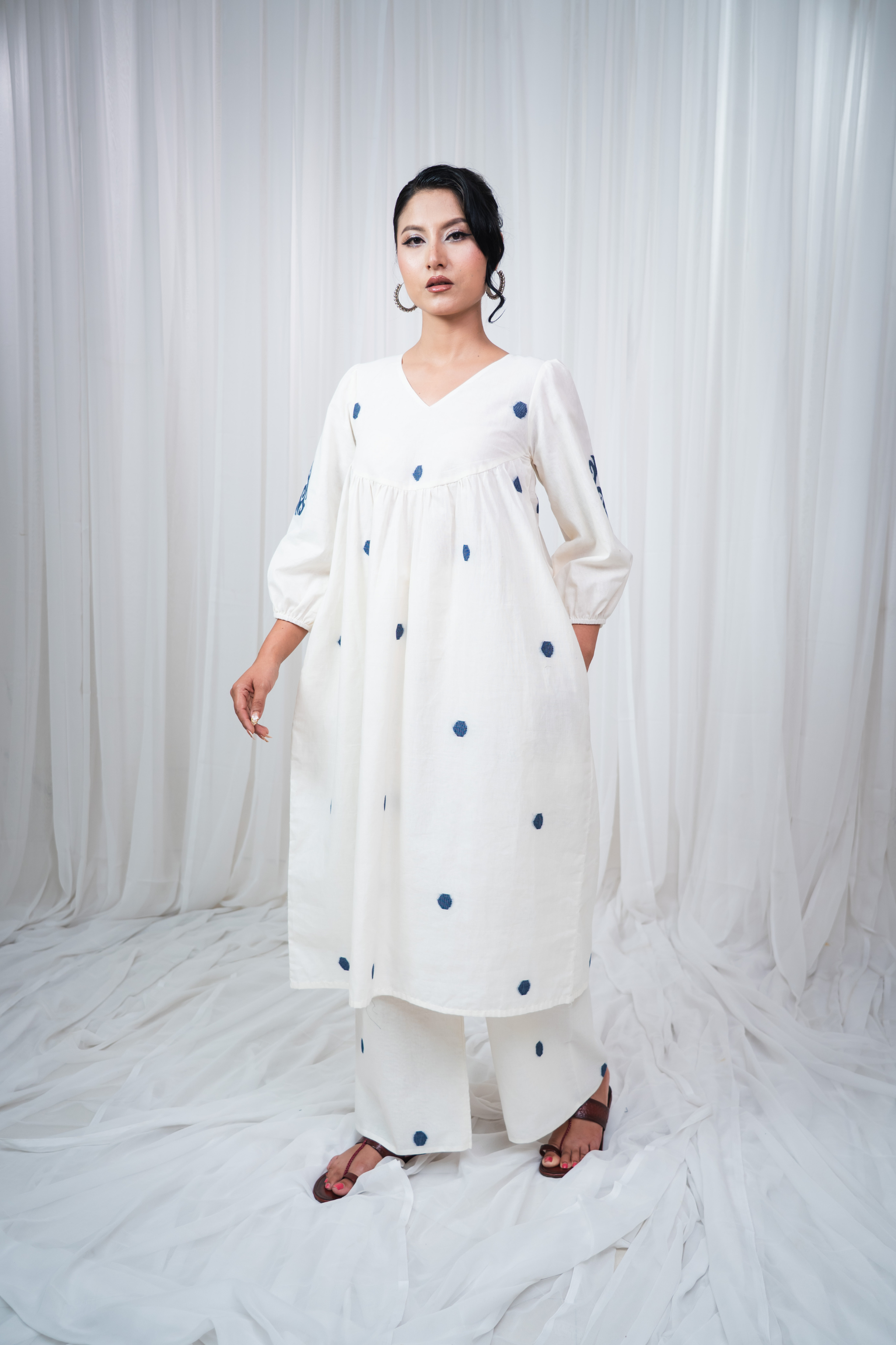 ETA Ebema Premium Cotton Cream & Navy Blue Kurta Set
