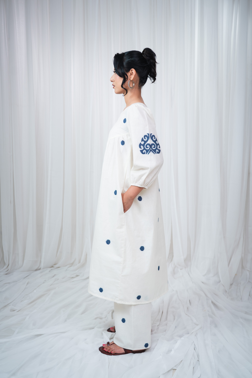 ETA Ebema Premium Cotton Cream & Navy Blue Kurta Set