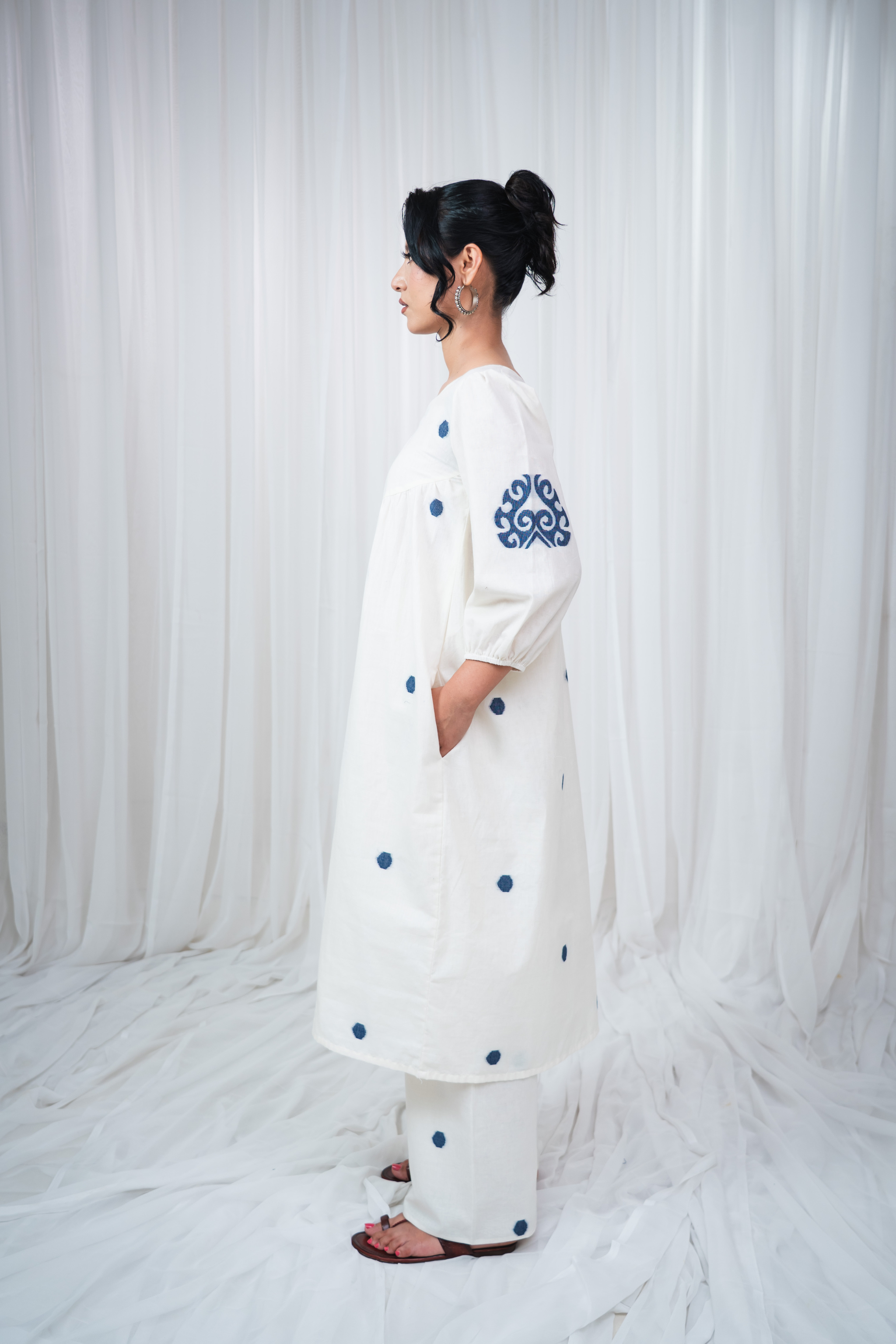 ETA Ebema Premium Cotton Cream & Navy Blue Kurta Set