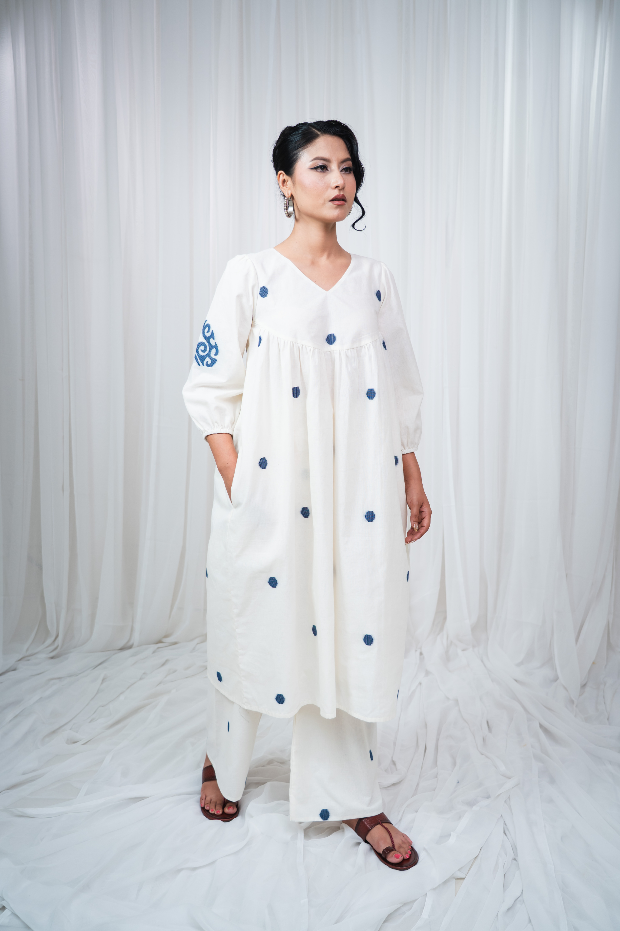 ETA Ebema Premium Cotton Cream & Navy Blue Kurta Set