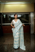 Leikol Saree – Sky Blue on White