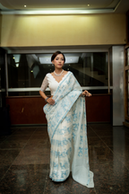 Leikol Saree – Sky Blue on White