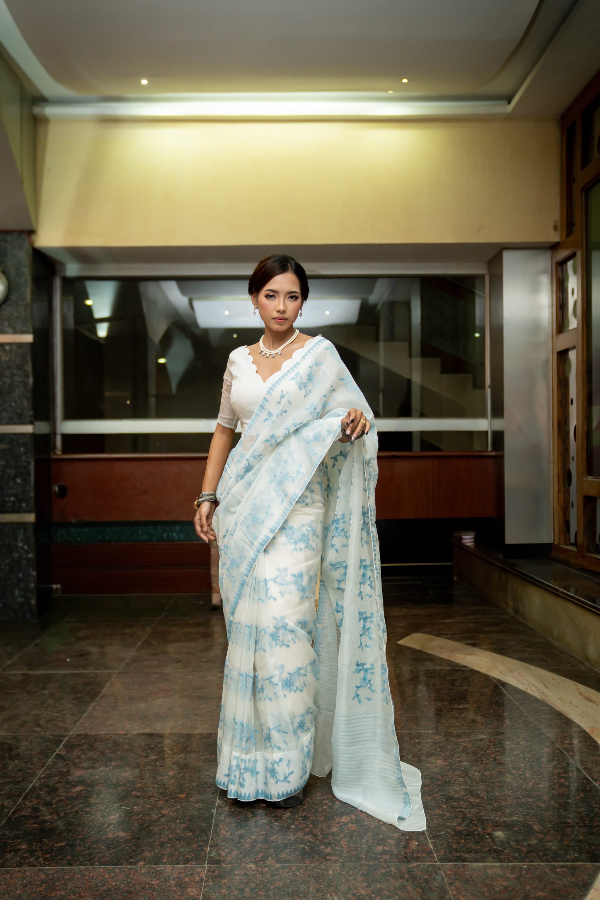 Leikol Saree – Sky Blue on White