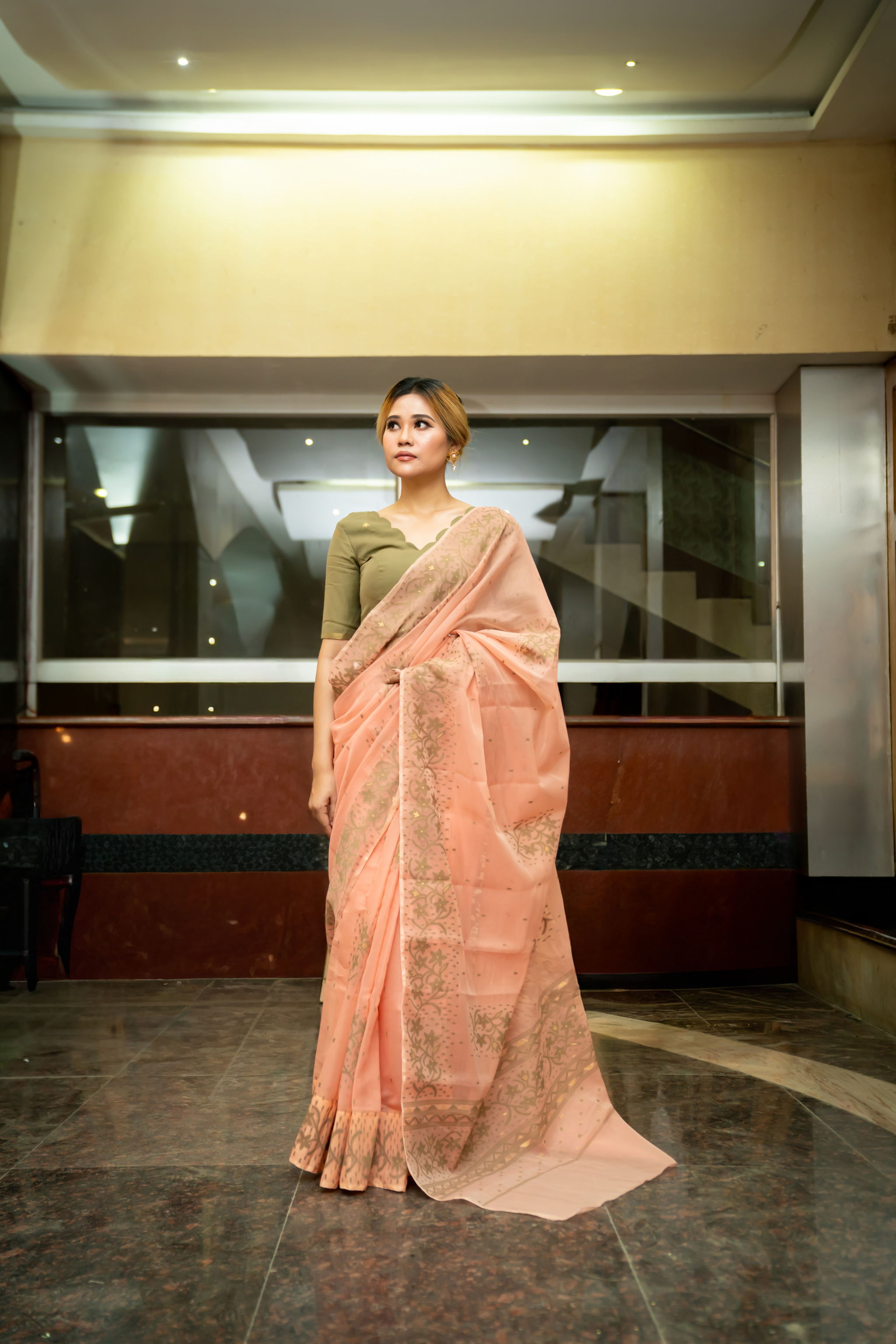 Leirang Saree Peach & Olive
