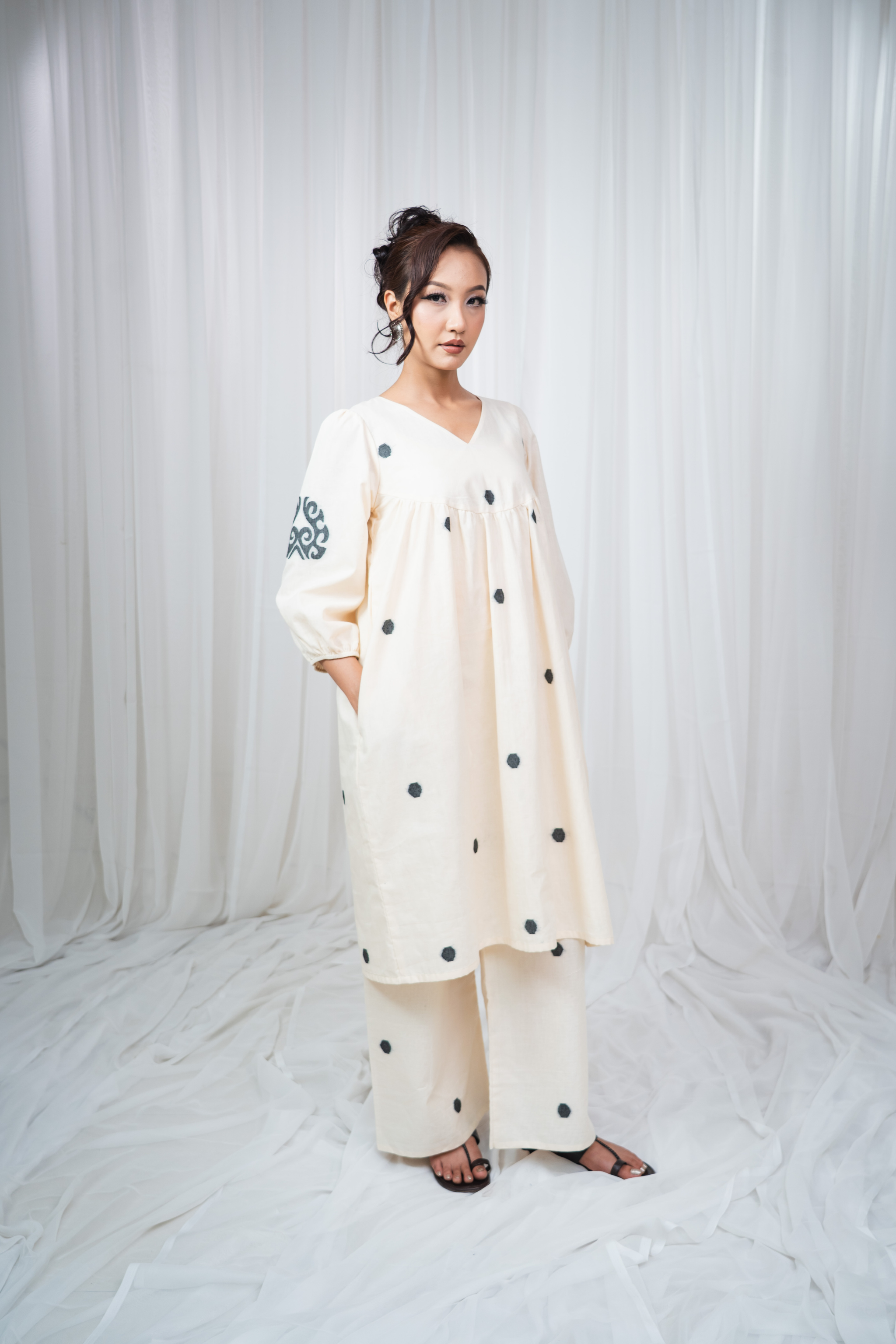 ETA Ebema Premium Cotton Cream & Black Kurta Set
