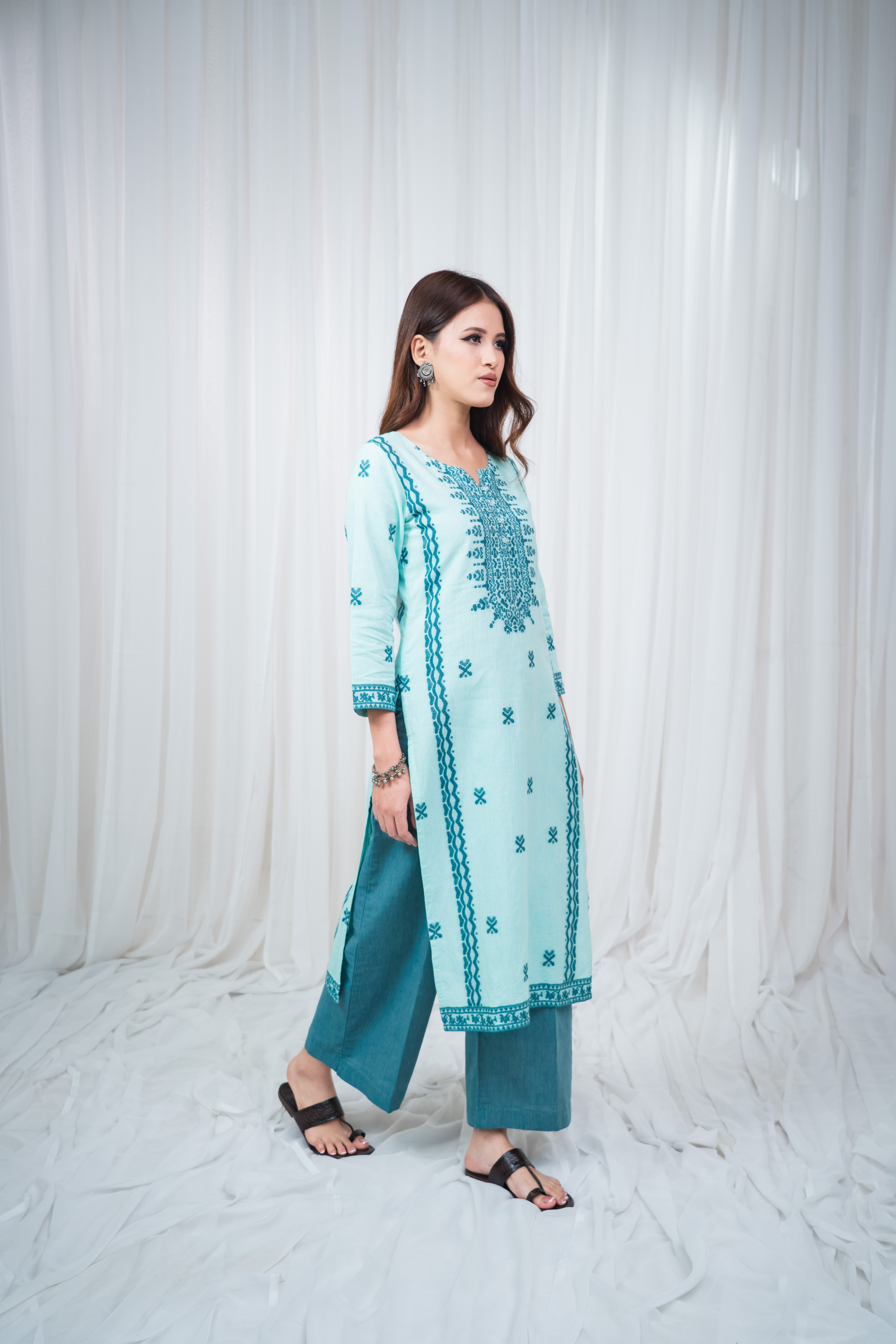 ETA Leima Premium Cotton Turquoise Kurta Set