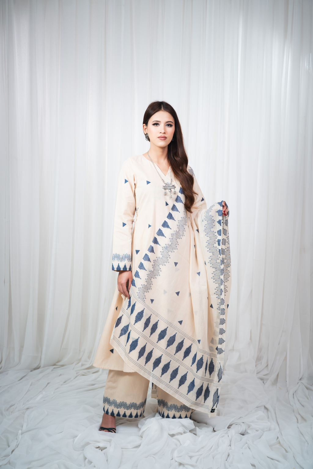 ETA Ahum Premium Cotton Cream Navy Kurta Set
