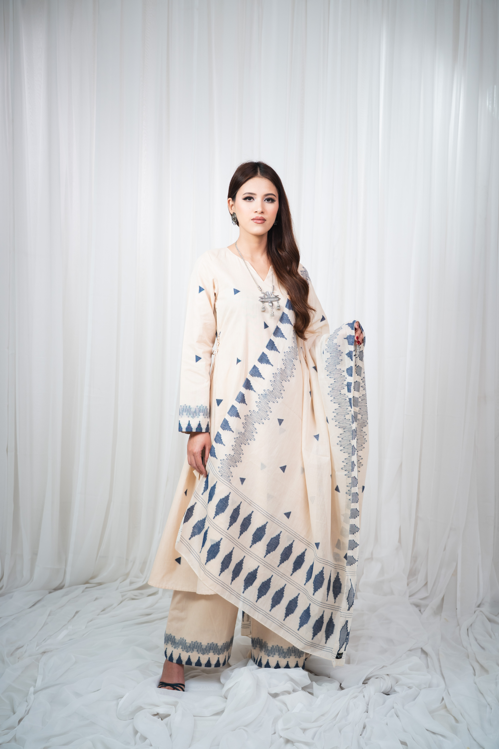 ETA Ahum Premium Cotton Cream Navy Kurta Set