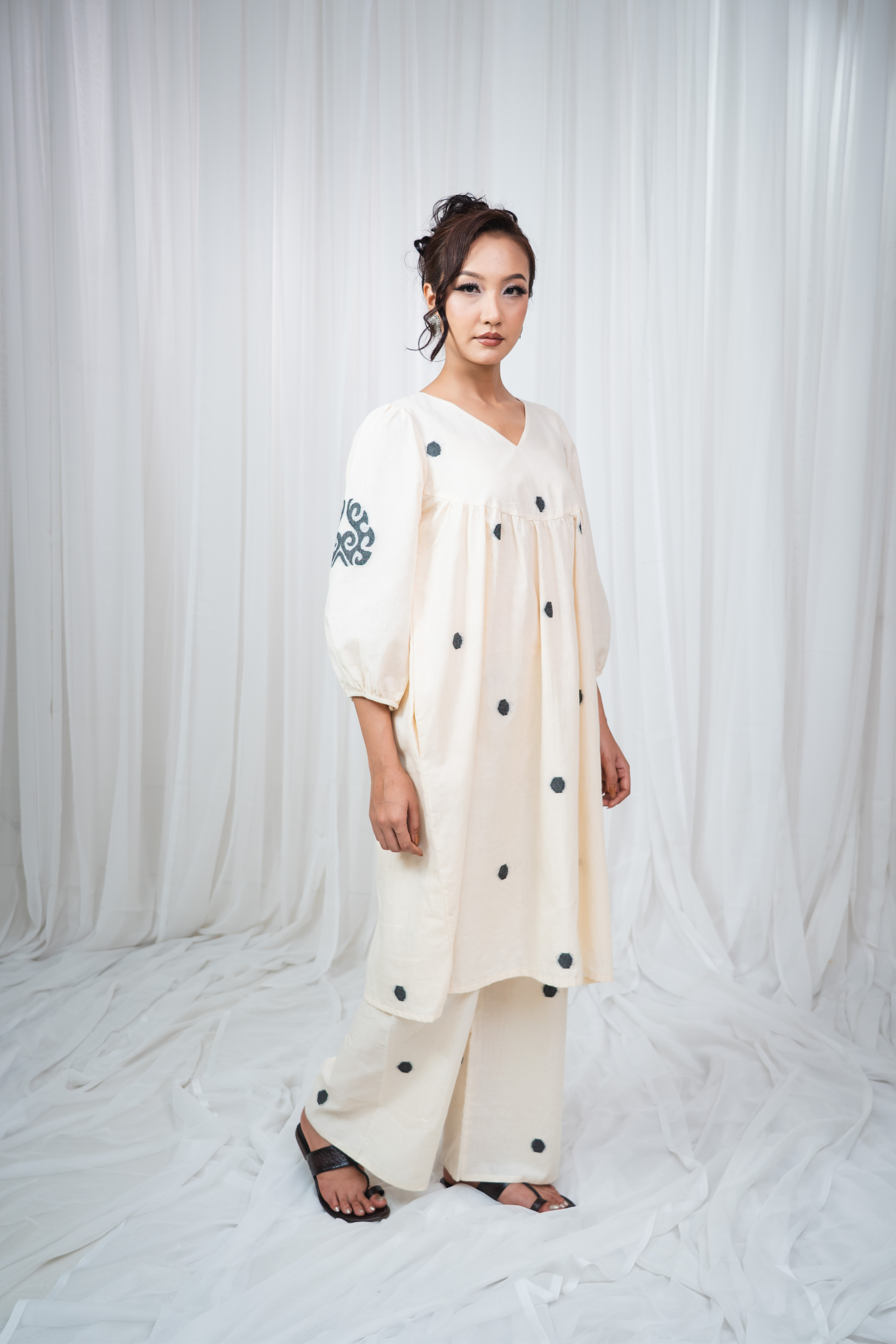 ETA Ebema Premium Cotton Cream & Black Kurta Set
