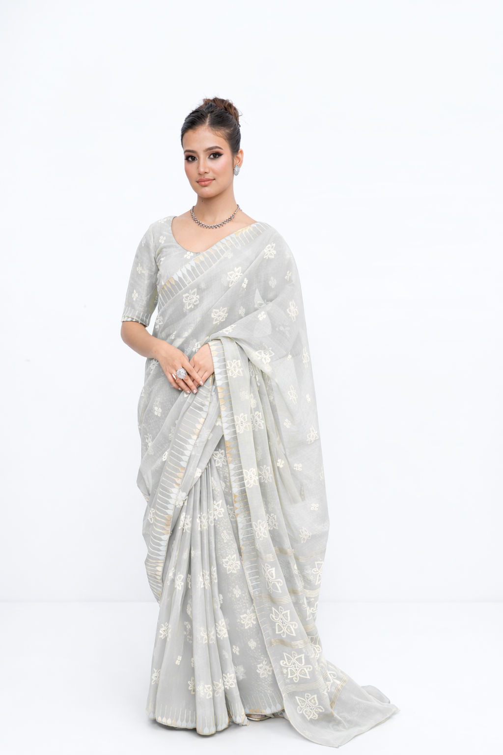 Thoibi Saree - Grey Premium Floral Motif Saree