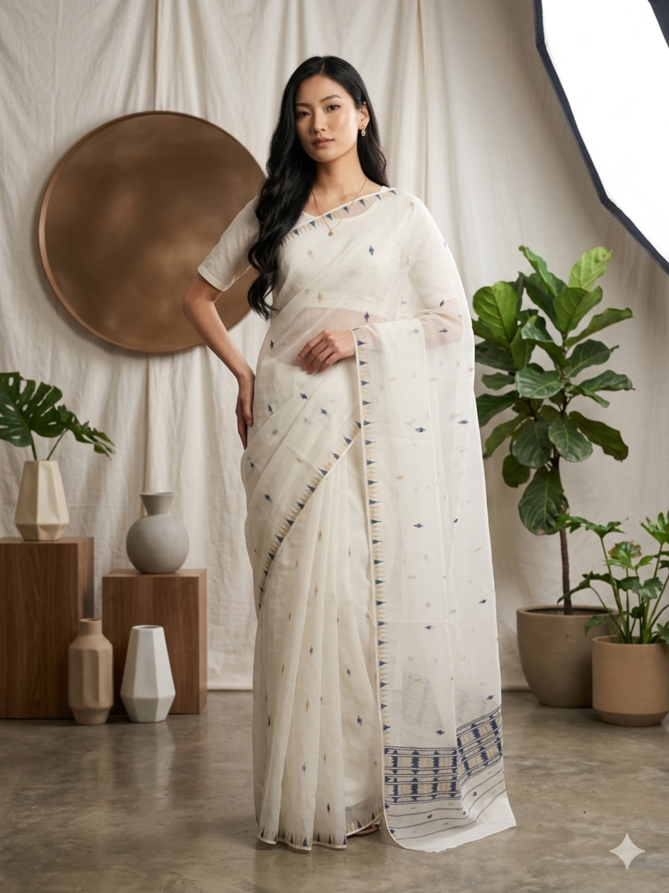 Everyday Saree - White & Navy Border Premium Traditional Motif Saree