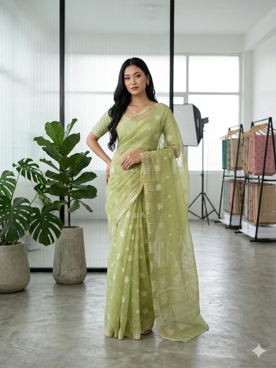 Thoibi Saree - Pista Green Premium Floral Motif Saree