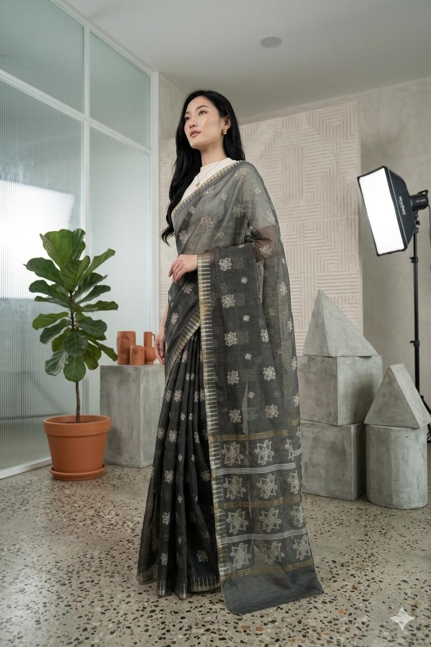 Thoibi Saree - Black Premium Floral Motif Saree