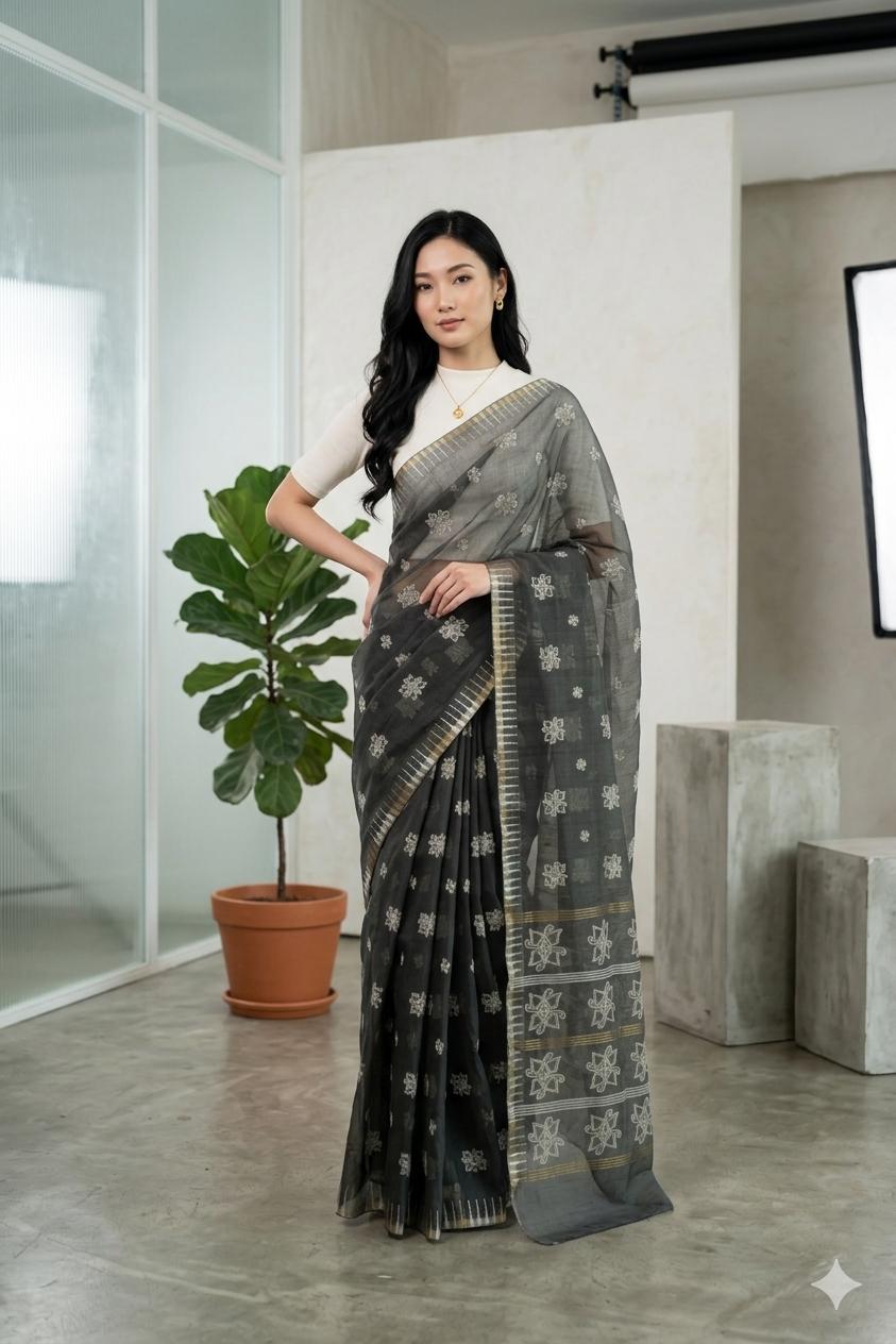 Thoibi Saree - Black Premium Floral Motif Saree