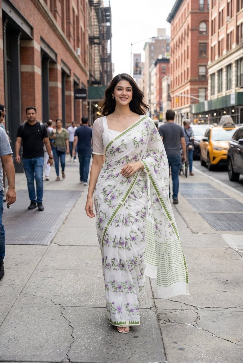 Leikol Saree Lavender on White