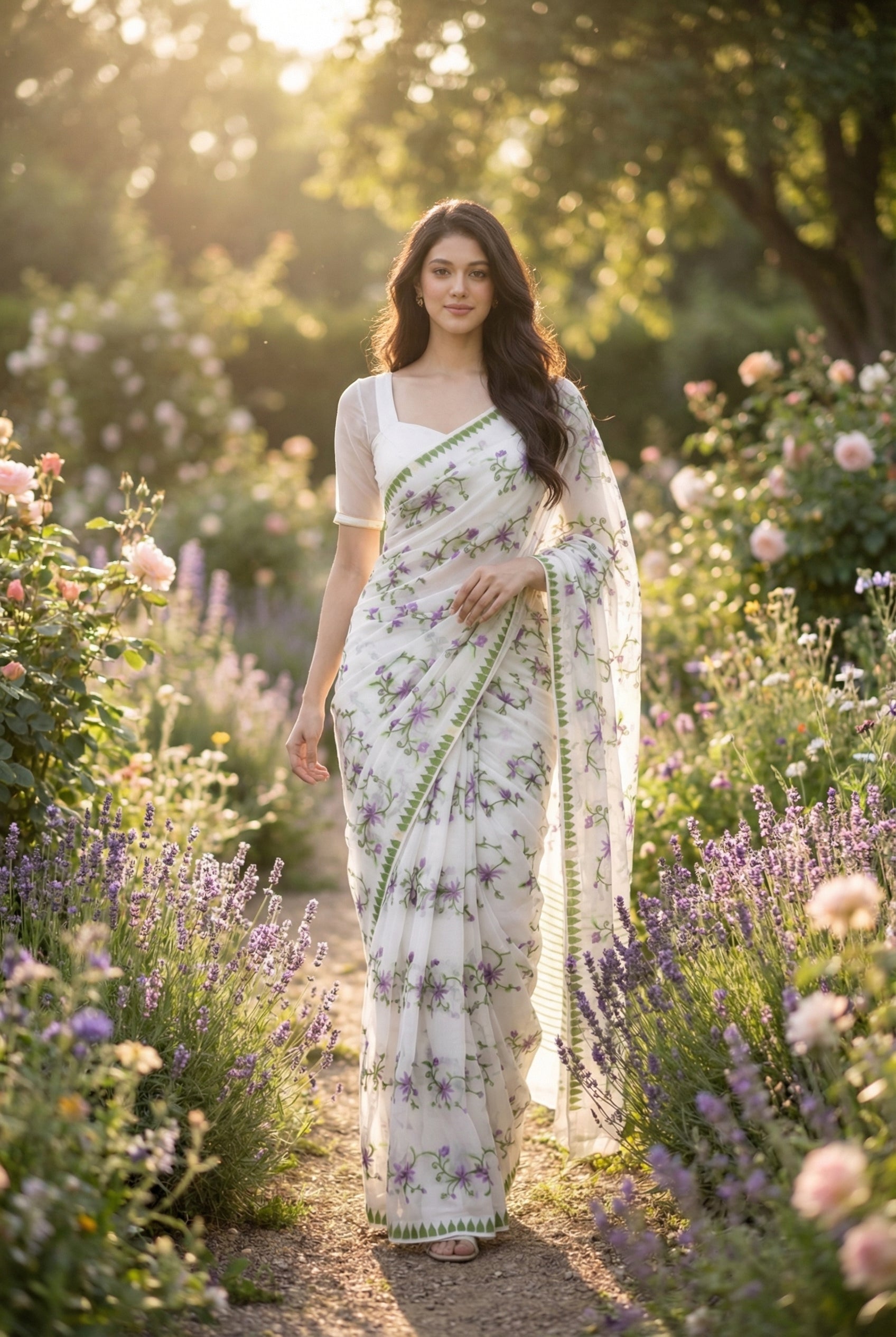 Leikol Saree Lavender on White
