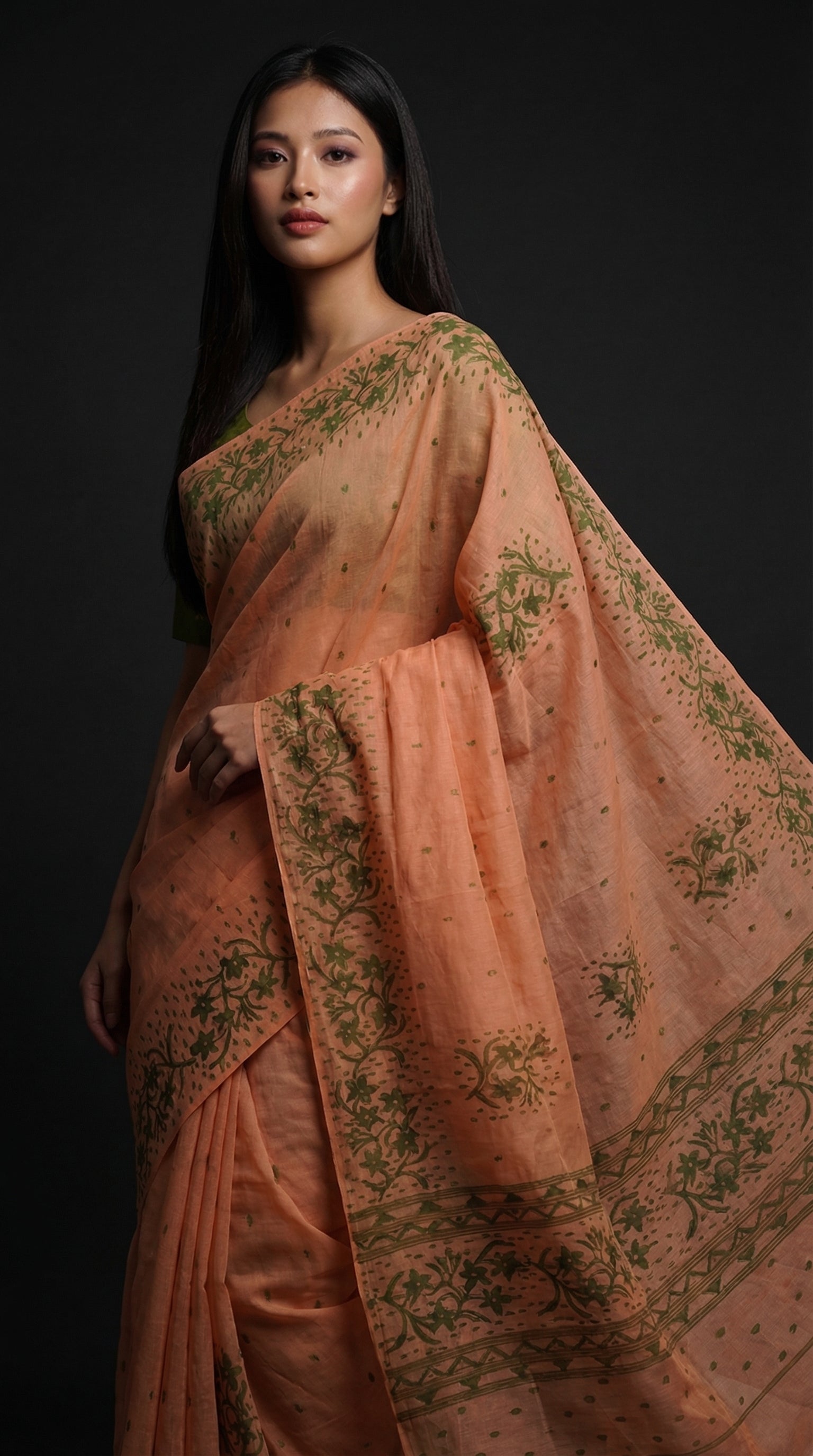 Leirang Saree Peach & Green
