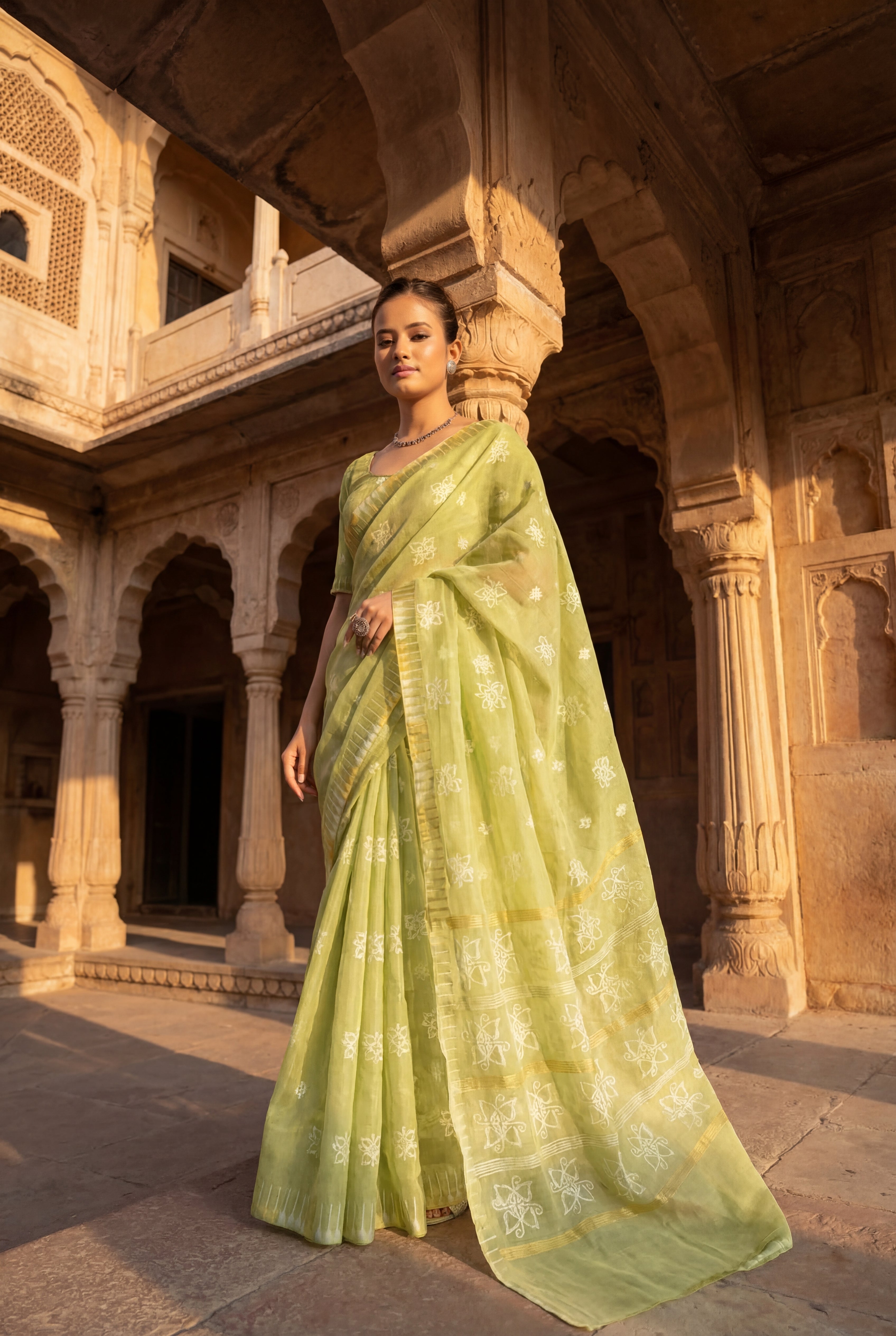 Thoibi Saree - Pista Green Premium Floral Motif Saree